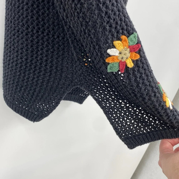 Vintage Cardigan Vest Womens LP Black Floral Grandma Ramie Cotton Knit 80s - Picture 5 of 13